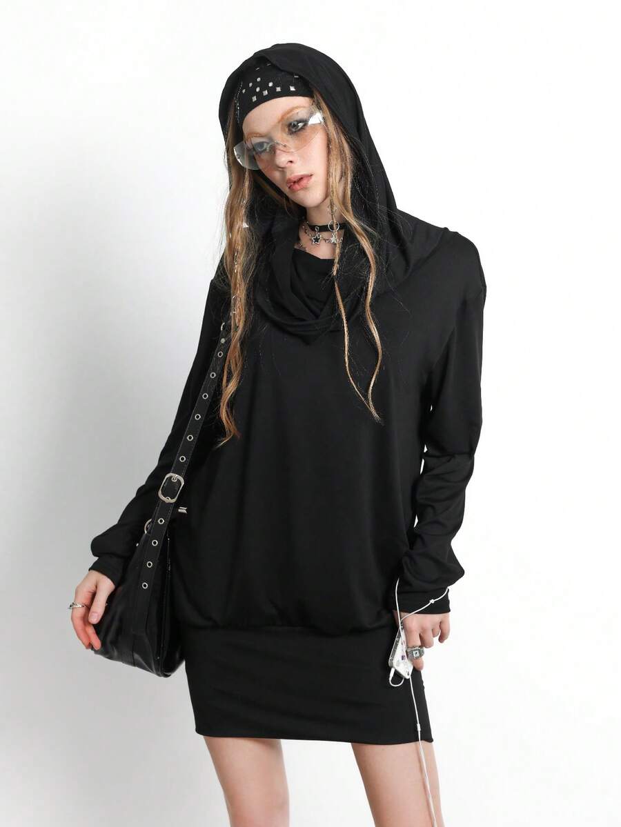 Bloopia Loose Fit Turtleneck Long Sleeve Women's Casual Dark Style Dress - Black - View 1