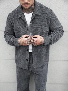 Manfinity Homme 加大码男士翻领单排扣长袖衬衫带口袋休闲裤套装，适合度假和户外活动 - 深灰色 - 查看 6