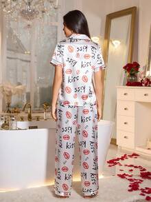 Fashionable Lip & Letter Print Faux Silk Lapel Collar Short Sleeve Pajama Set - White - View 3