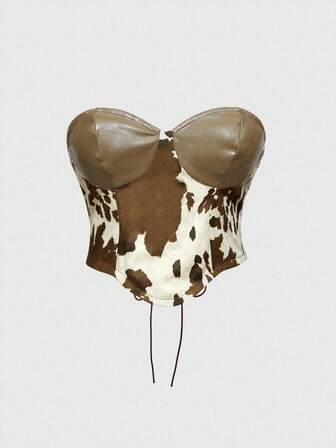 Hippie Vintage Western Tiermuster Patchwork PU Leder Damen Top