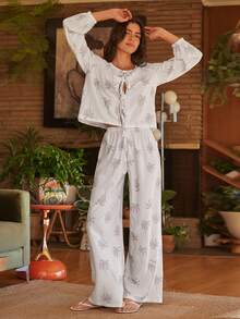 Lullawish Conjunto de pijama de mujer bohemio, casual y cómodo para vacaciones, con estampado de árbol de coco, lazo y manga larga suelta - Beis - Ver 3