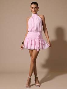 SHEIN BAE 无袖荷叶边下摆纯色迷你连衣裙，优雅甜美可爱修身款，适合浪漫约会、派对、正式聚会、伴娘礼服、夏季连衣裙、下午茶会连衣裙、新年、情人节、生日迷你连衣裙，粉色连衣裙 - 淺粉色 - 查看 3