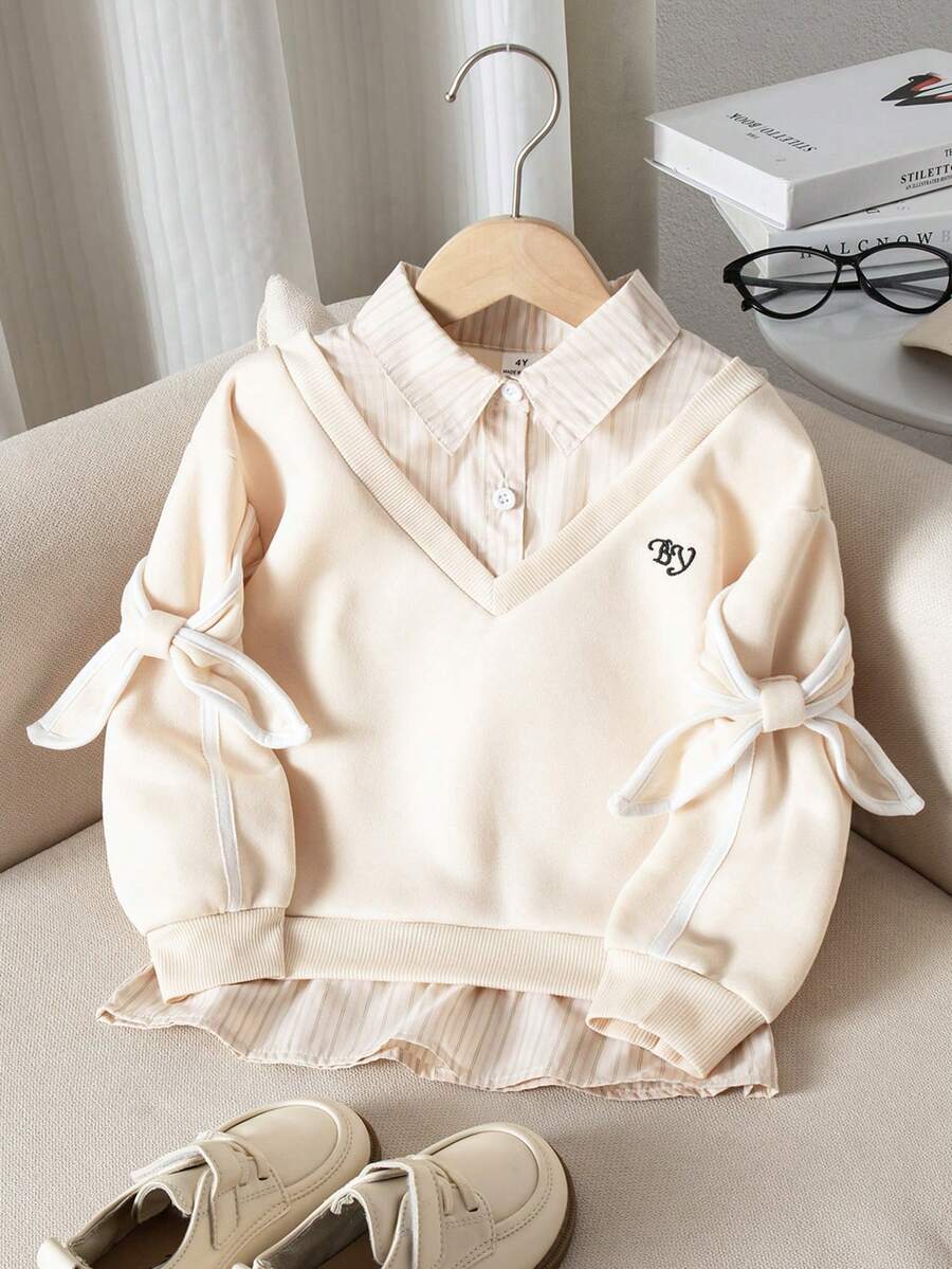 SHEIN Young Girl Letter Embroidery Striped Patchwork Shirt Collar Casual Sweatshirt - Apricot - View 1