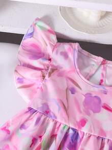 SHEIN Elladie kids 夏季少女休闲碎花荷叶边连衣裙 - 中紫紅色 - 查看 5