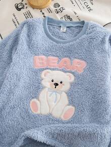 Soft & Fluffy Bear Embroidery Plush Cozy Pajama Set For Big Girls - Blue - View 5