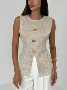 Aloruh 春夏新款女士优雅休闲通勤办公装，杏色和卡其色碎花薄纱无袖休闲百搭针织背心，女士纯色无袖V领金属纽扣装饰夏季时尚优雅背心 - 杏色 - 查看 4