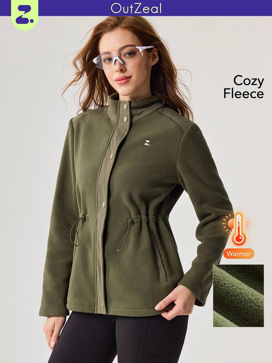 OutZeal 女士保暖抓绒束腰拉链户外抓绒外套，适合秋冬季徒步露营 - 軍綠色 - 查看 1