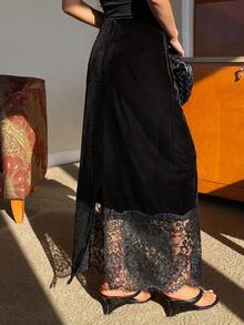 Livesso Women's Velvet & Lace Patchwork Skirt, Autumn/Winter Valentine's Day - Black - View 2