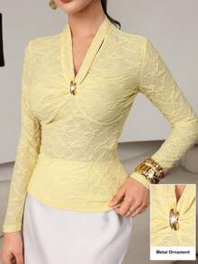 Modelyn Metal Buckle V-Neck Pleated Jacquard Long Sleeve Elegant Fitted Blouse For Women - Yellow - View 2