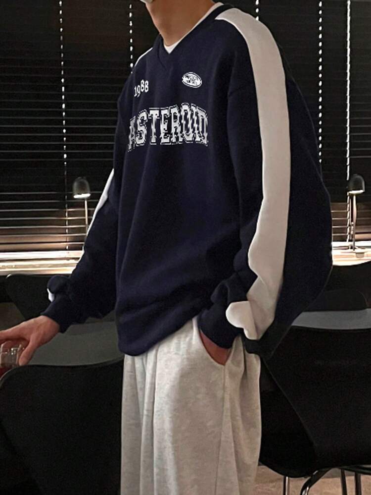 Men's Contrast Color Letter Print Pullover Sweatshirt With Thermal Lining, Autumn/Winter