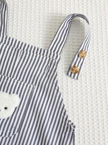 SHEIN 2件套可爱小熊条纹可调节肩带连体衣套装，男女宝宝通用，春夏款 - 黑色 - 查看 7