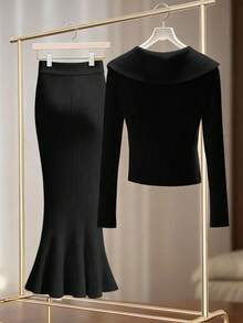 Franclia New Elegant Fitted Mermaid Hem Knit Two Pieces Sweater Set, Fashionable Design For Women, Autumn - Black - View 2