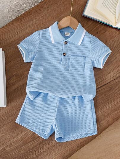 Souflis Souflis 2 piezas Conjunto de bebé/niño pequeño con camisa polo de manga corta con cuello y puños de canalé en contraste y pantalón corto con cintura elástica, color albaricoque, ropa de verano para niños, ropa de bebé, ropa de niño pequeño, conjunto de bebé, camisa de bebé, pantalón corto de niño pequeño, 3M-3T