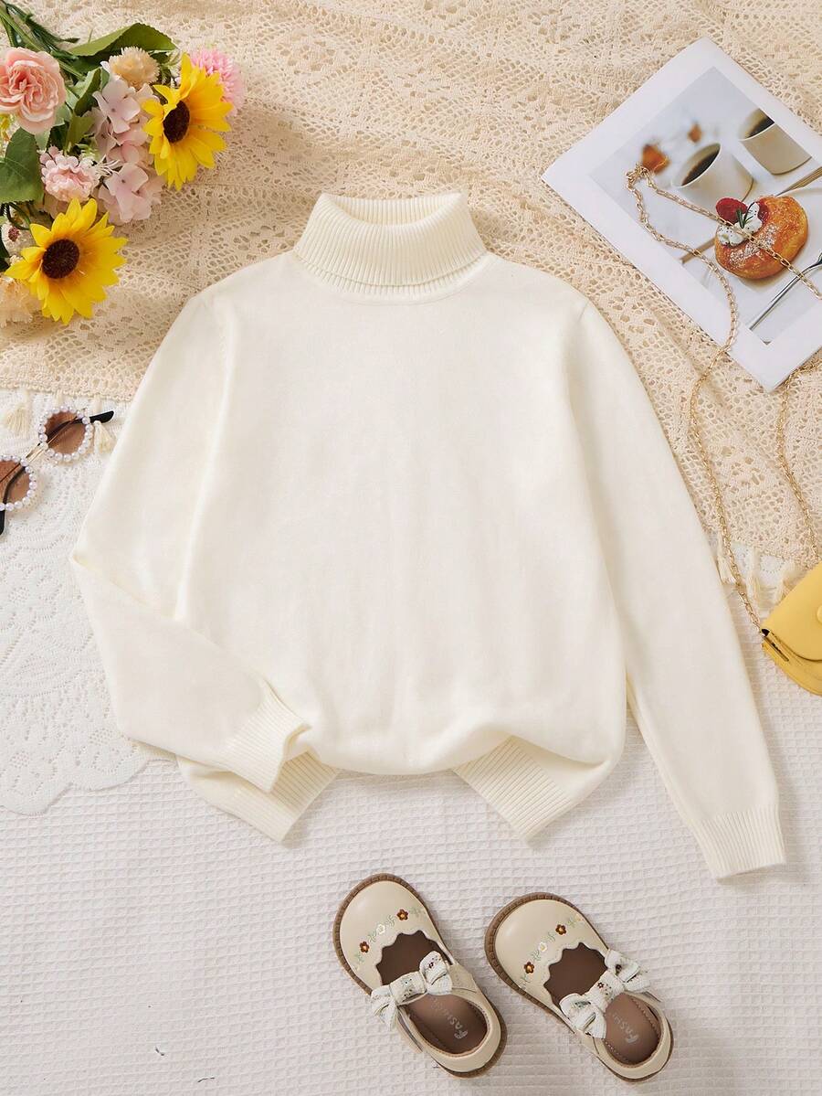 Girls' Turtleneck Mid-Length Solid White Sweater Dress, Comfortable Classic Versatile Style, Suitable For Autumn/Winter - Beige - View 1
