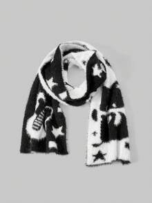 ROMWE Goth 1 chiếc khăn quàng cổ đan len họa tiết ngôi sao xoáy đen trắng phong cách Punk Y2K dễ thương, ngọt ngào, thời trang đơn giản, thích hợp cho đi học, mua sắm, lễ hội âm nhạc, đi làm, v.v. - Đen trắng xám - Xem 1