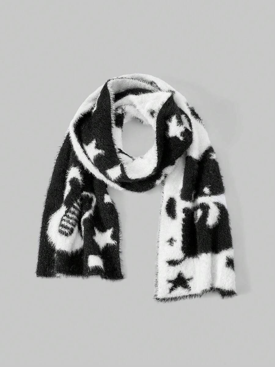 ROMWE Goth 1 chiếc khăn quàng cổ đan len họa tiết ngôi sao xoáy đen trắng phong cách Punk Y2K dễ thương, ngọt ngào, thời trang đơn giản, thích hợp cho đi học, mua sắm, lễ hội âm nhạc, đi làm, v.v. - Đen trắng xám - Xem 1