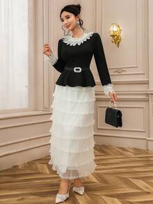 DAZY 2件套优雅法式花卉网纱拼接迷你连衣裙，女装 - 黑色 - 查看 5