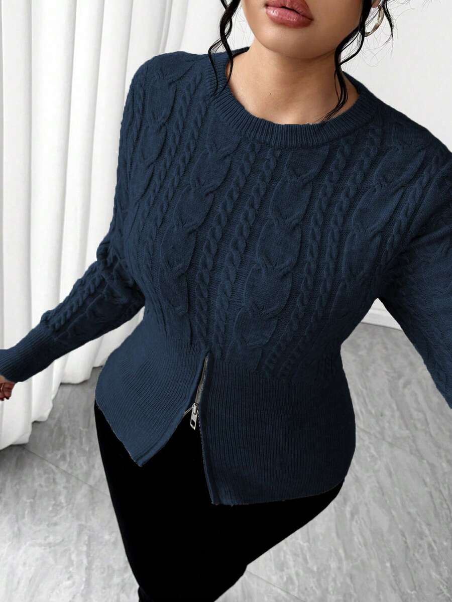 Elenzga 女士优雅通勤风收腰开衩拉链长袖宽松修身大码毛衣,外套,派对套头衫,女士毛衣,拉链毛衣,藏蓝色毛衣,麻花针织毛衣 - 寶藍色 - 查看 1