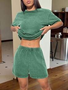 SHEIN EZwear 2pcs/Set Summer Knit Green Women Distressed T-Shirt And Shorts Set - Green - View 6