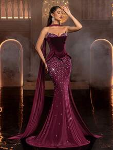 Glamrae Elegante vestido de noche de cola de sirena con parches de terciopelo burdeos y malla, con adornos de lujo y sin tirantes (capa desmontable para el cuello). Adecuado para todas las ocasiones formales. - Burdeos - Ver 8