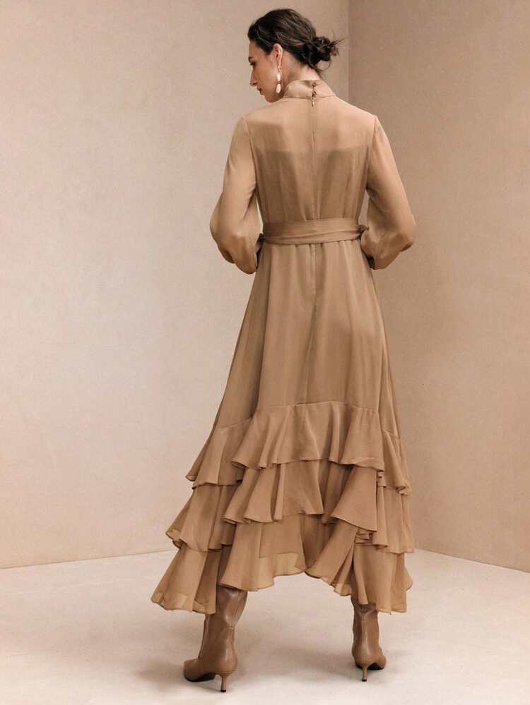 Arave Vestido elegante de estilo francés con cuello alto, manga larga, diseño de lazo en la cintura y dobladillo con volantes en capas, para vacaciones y fiestas - Marrón - Añade 3