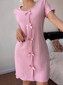 Dream Adore 梦幻浪漫可爱蝴蝶结装饰针织圆领荷叶边短袖睡裙 - 粉色 - 查看 6