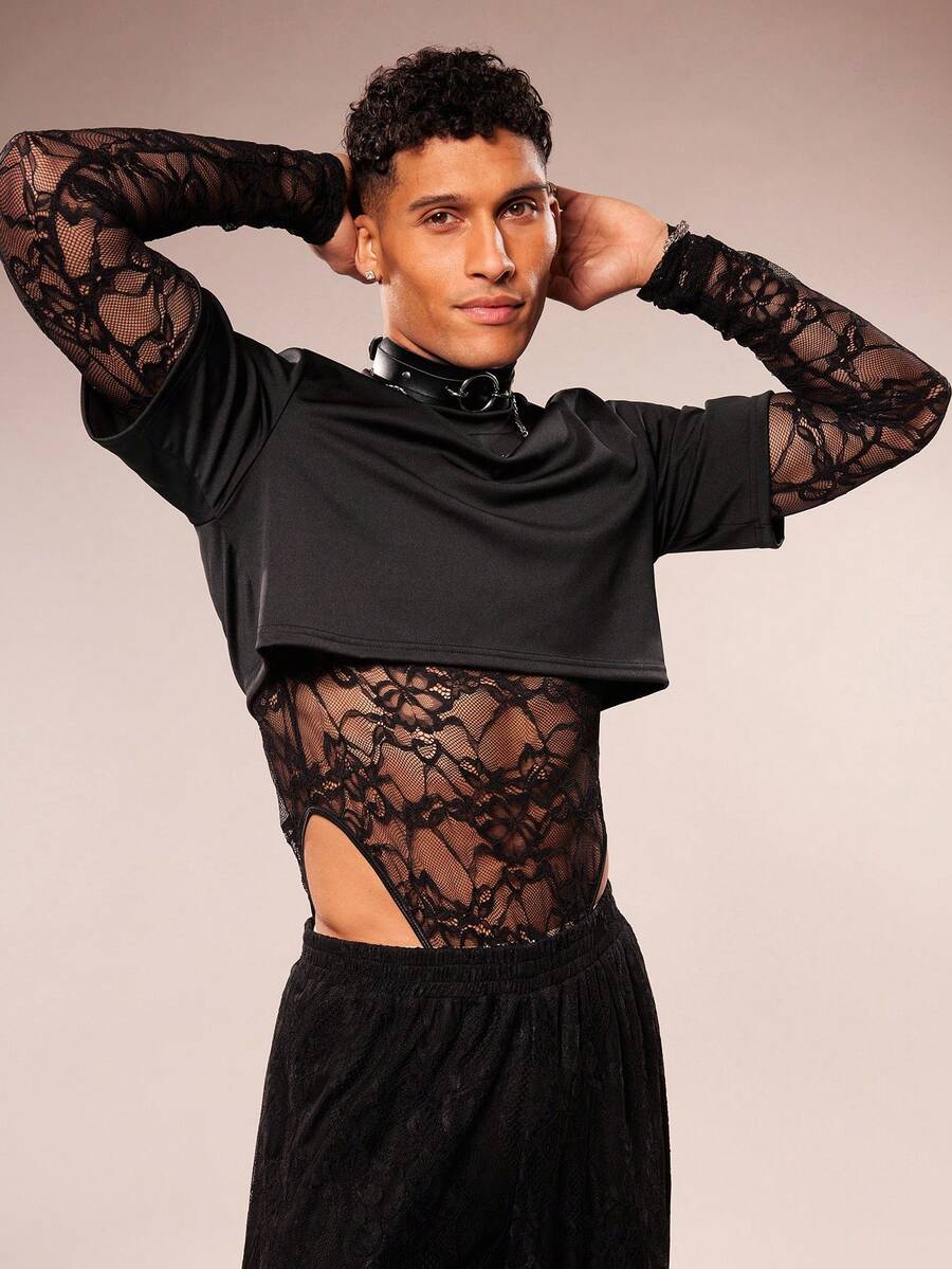 FeverCity Men's Lace Patchwork Sexy Bodysuit - Black - View 1