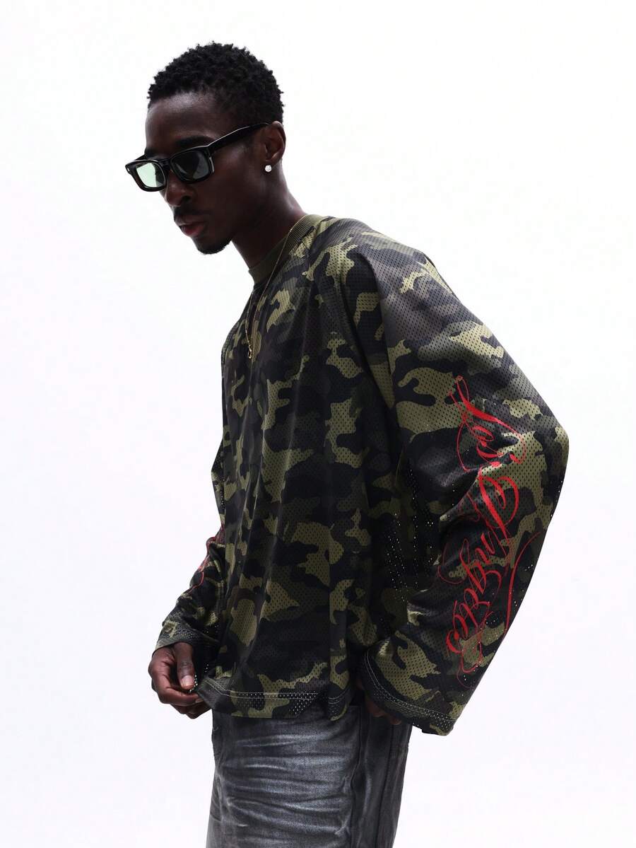 SUMWON Camouflage Long Sleeve T-Shirt With Red Script Print Regular Fit Crew Neck Streetwear Urban Style Casual Top - Multicolor - View 1