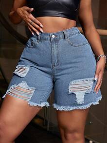Slaydiva Plus Size Women Pockets Distressed Frayed Hem Fashionable Versatile Vacation Party Denim Shorts - Light Wash - View 5
