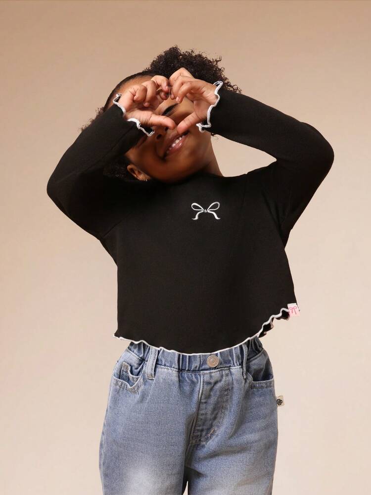 SUMWON Camiseta de manga larga con cuello redondo, bordado de lazo y dobladillo con volantes para niñas, para uso casual diario y vacaciones - Negro - Añade 8