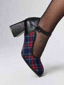 ROMWE Kawaii 女士时尚百搭通勤优雅格纹高跟鞋 - 黑色 - 查看 3