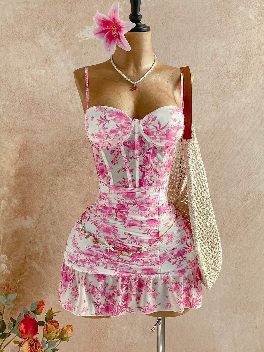 Soleia 女士度假风格蓝白印花网眼拼接甜心领口合身荷叶边下摆迷你连衣裙，适合派对、约会、下午茶、海滩、夏季 - 彩色 - 查看 1