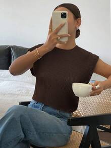 Siren Gaze Áo thun rộng vai, màu trơn, chất liệu vải dệt họa tiết, phong cách thường ngày mùa hè. - màu nâu - Xem 3
