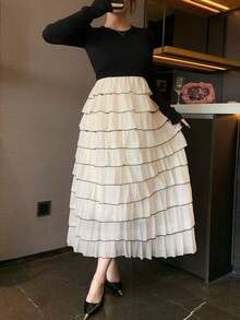 DAZY Women's Elegant Color Block Ruffle Hem Sweater Dress, Autumn/Winter