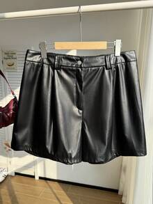 SHEIN EZwear 大码女式休闲高腰PU黑色短裤，春夏款 - 黑色 - 查看 3