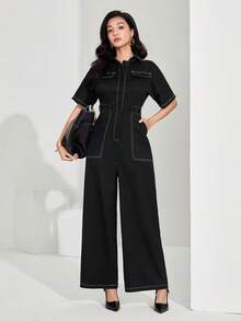 Heiryn 2026 Women's Short Sleeve Casual Jumpsuit With Lapel And Wide Leg, Spring/Summer - Black - View 4