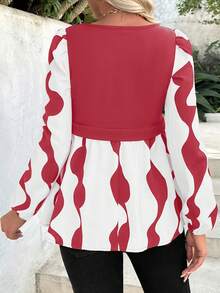 SHEIN Maternity Geometric Print Lantern Sleeve Casual Fashion Shirt Ruffle Sleeve Blouse Red And White Top Peplum Tops For Women Women Blouses Long Sleeve Peplum Blouse - Multicolor - View 2
