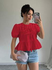 Elenzga 蝴蝶结前襟泡泡袖荷叶边上衣 - 紅色 - 查看 5