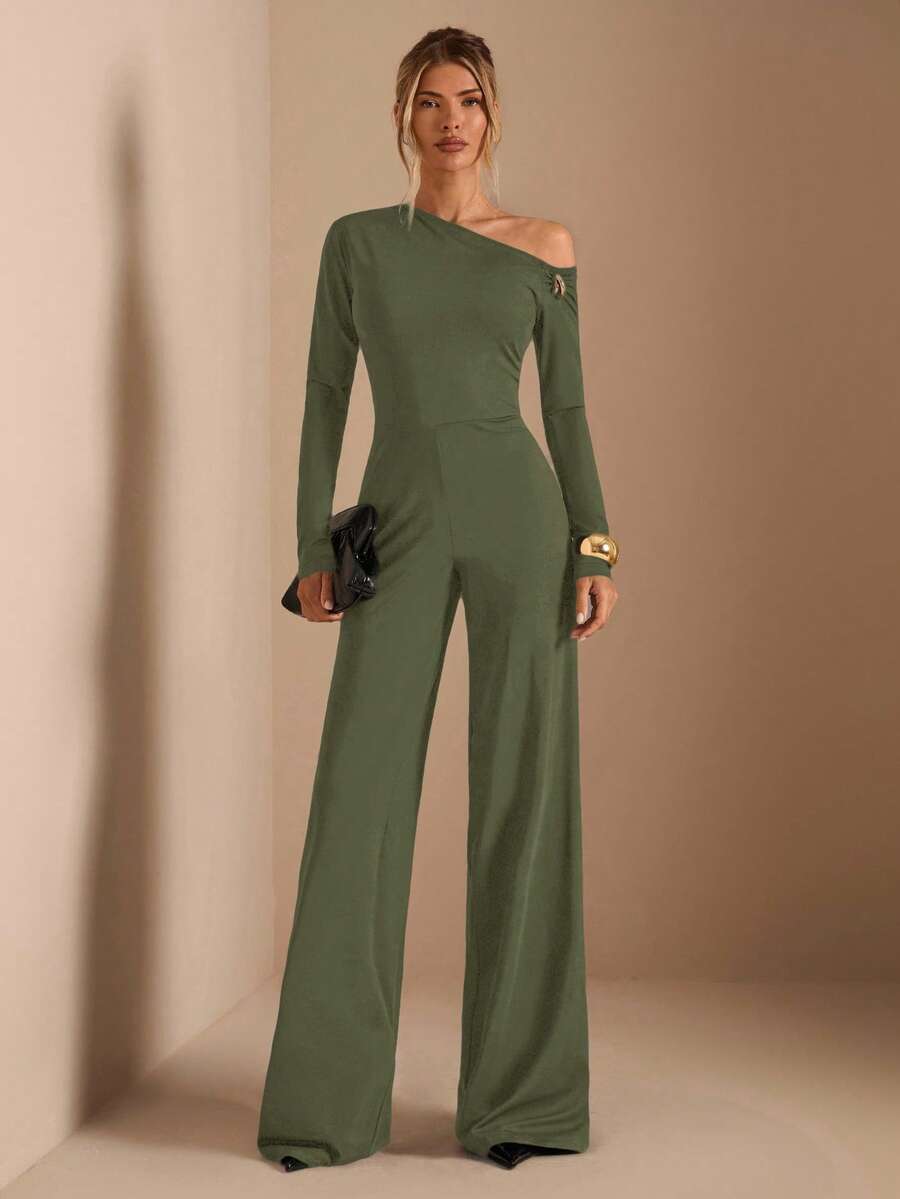 SHEIN BAE Bộ jumpsuit dài tay màu đen trơn, thanh lịch, kiểu dáng bất đối xứng vai, trang trí khóa kim loại, ống rộng, thích hợp mặc hàng ngày, hẹn hò, dự tiệc, kiểu dáng layering sang trọng cho nữ, jumpsuit bất đối xứng, jumpsuit ống rộng, jumpsuit ngày Valentine, jumpsuit thường ngày, jumpsuit duyên dáng. - xanh quân đội - Xem 1