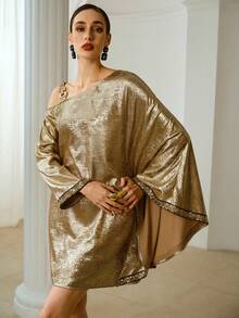 ZEYLAH Women's Elegant Shoulder Strap Sequin Patchwork Knit Dress, Autumn - Khaki - View 1