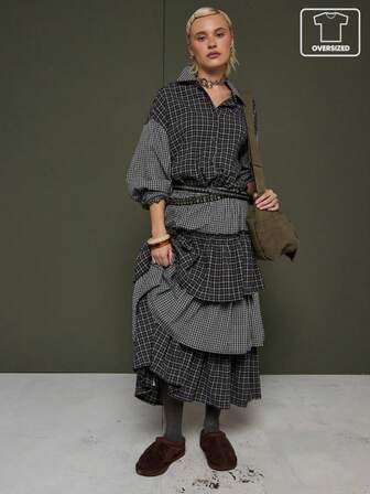 COUREZ Camisa de manga larga sobredimensionada con estampado a cuadros combinado / Ropa de otoño e invierno Y2K para mujer, camisa negra para salir, blusas para fiestas, atuendo de Año Nuevo