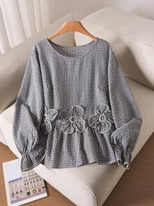 CosyJoli 大码女式休闲碎花长袖衬衫，优雅宽松版型上衣，春秋季女士服装 - 黑色 - 查看 4