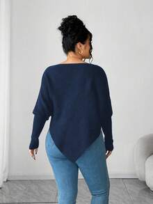 Elenzga 女士休闲露肩长袖宽松大码毛衣，适合外穿，秋冬季 - 寶藍色 - 查看 2