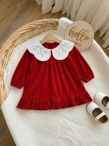 Newborn Baby Girl Cute & Elegant Red Peter Pan Collar Long Sleeve Dress Valentine's Day - Multicolor - View 10