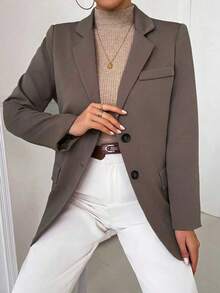 Chiquease 女士前扣开合长袖口袋领简约西装外套 - 棕色 - 查看 5