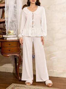 Côtesoire Elegant& Women's Cardigan Pajama Set,All White French Style Ruffle Lace Pj Set,Silk Lounge Wear Sets,Bridal Pajama Set For Lounge,Autumn,Elegant - White - View 1