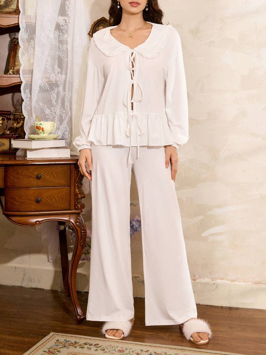 Côtesoire Elegant& Women's Cardigan Pajama Set,All White French Style Ruffle Lace Pj Set,Silk Lounge Wear Sets,Bridal Pajama Set For Lounge,Autumn,Elegant - White - View 1