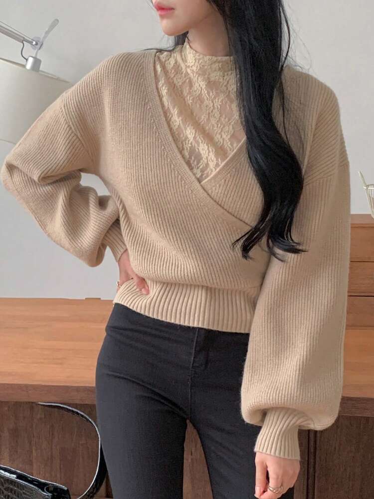 Women's Autumn/Winter Contrast Lace Drop Shoulder Long Sleeve Elegant Sweater