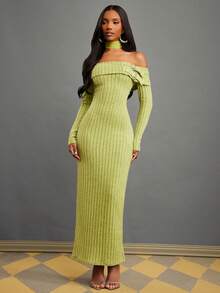 NYA SZN Vestido de hombros descubiertos de manga larga con herrajes, ajustado y entallado de punto acanalado, de punto, verde, para fiestas navideñas, Año Nuevo, eventos y fiestas, de lujo y elegante, de largo maxi para mujeres - Verde - Ver 1