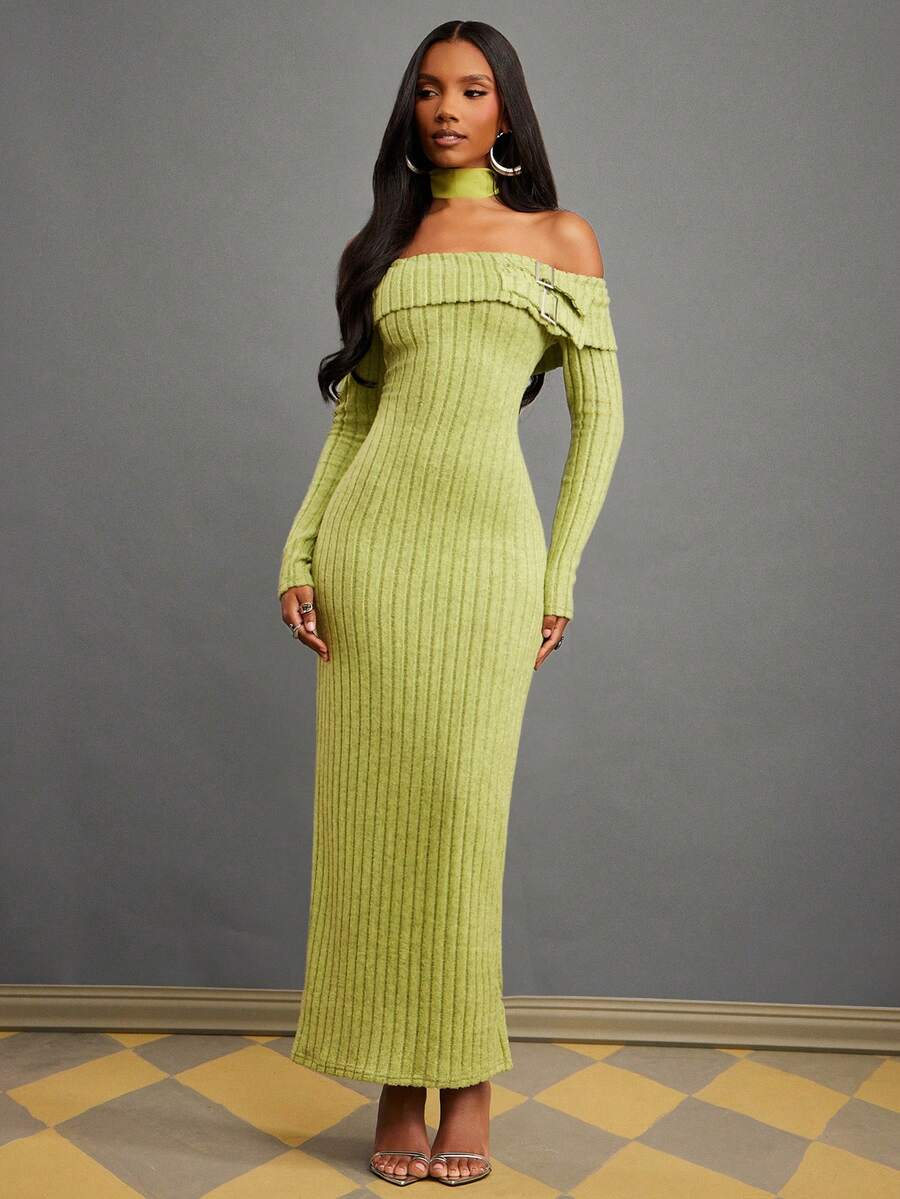 NYA SZN Vestido de hombros descubiertos de manga larga con herrajes, ajustado y entallado de punto acanalado, de punto, verde, para fiestas navideñas, Año Nuevo, eventos y fiestas, de lujo y elegante, de largo maxi para mujeres - Verde - Ver 1